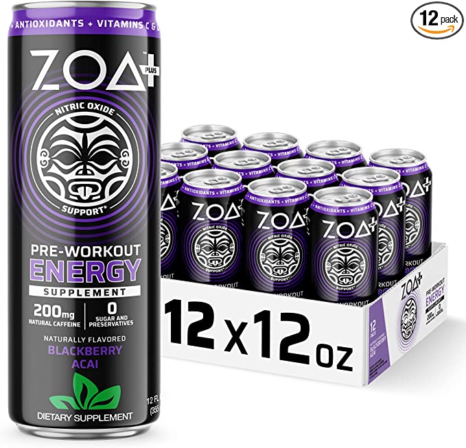 ZOA Plus Sugar-Free Pre-Workout Drink
Ready to Drink with Nitric Oxide, Vitamin B, C and D, 200mg Natural Clean Caffeine, BlackBerry Acai 12 Fl Oz, Pack of 12