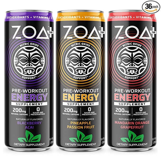 ZOA+ Plus Sugar Free Pre Workout Drinks Bundle 
12 Fl Oz, (36 Pack) | Nitric Oxide Support, Vitamin C, Vitamin B & 200mg Clean Caffeine