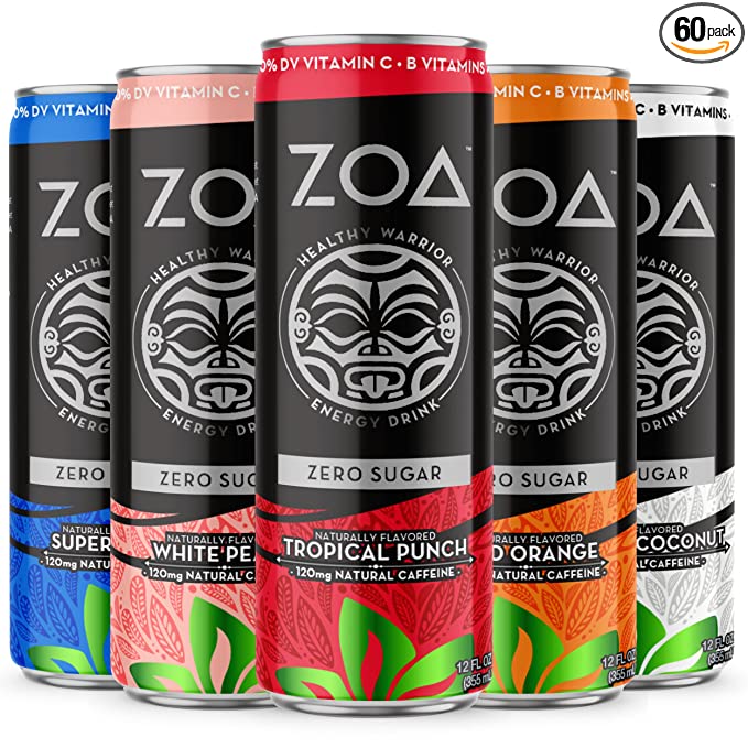 ZOA Sugar Free Energy Drink Bundle - All Zero Sugar Flavors
12 Fl Oz (60 Pack) - Healthy Energy Drinks with B Vitamins, Amino Acids, Camu Camu, Electrolytes & Natural Clean Caffeine