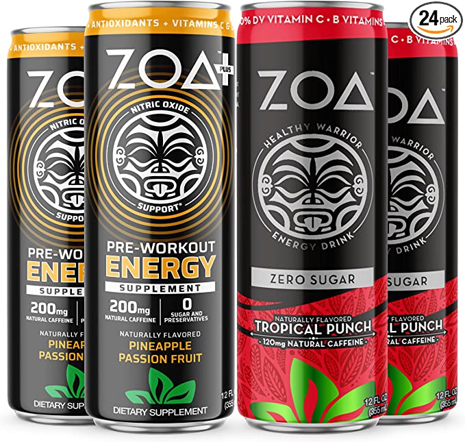 ZOA Sugar Free Energy Drink & Pre Workout Drink Bundle 12 Fl Oz, (24 Pack) | Pineapple Passion Fruit, Tropical Punch
