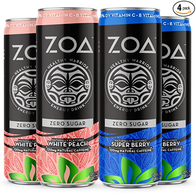 ZOA Sugar Free Energy Drinks Bundle, 12 fl. oz. (24 Pack), White Peach & Super Berry - Supports Immunity, Focus, Hydration, Body & Energy - 120mg Natural Caffeine - 80% DV Vitamins C, B6 & B12