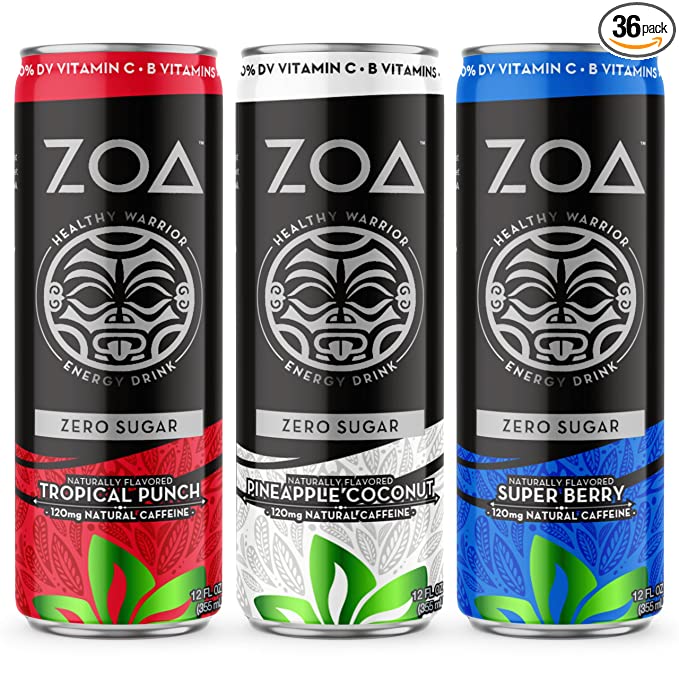 ZOAmerica Sugar-Free Healthy Energy Drinks Bundle, 12 Fl Oz (36 Pack) | Tropical Punch, Pineapple Coconut, Super Berry