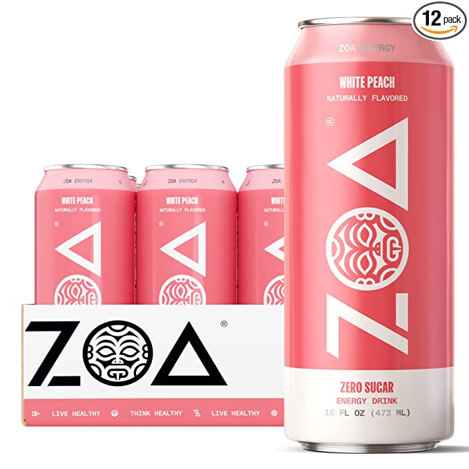 ZOA Energy Drink, White Peach
16 Fl Oz – Zero Sugar, Vitamins, Antioxidants, Electrolytes, Natural Caffeine – Gluten Free & Keto Friendly (Pack of 12)