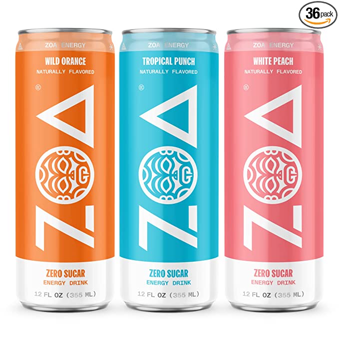 ZOA Sugar-Free Energy Drink Variety Pack | 12 Fl Oz (Pack of 36) | Tropical Punch, White Peach, Wild Orange | Healthy Vitamin C, B6 & B12, Natural Caffeine