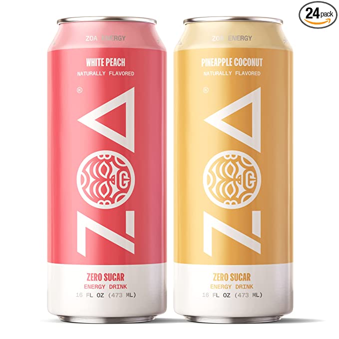 ZOA Zero Sugar Energy Drink Bundle - White Peach & Pineapple Coconut (24 Pack) - Healthy Energy Drinks with B Vitamins, Amino Acids, Camu Camu, Electrolytes & Natural Clean Caffeine