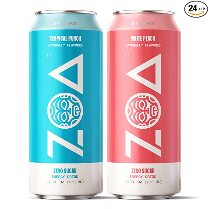 ZOA Zero Sugar Energy Drink Bundle - White Peach & Tropical Punch (24 Pack) - Healthy Energy Drinks with B Vitamins, Amino Acids, Camu Camu, Electrolytes & Natural Clean Caffeine