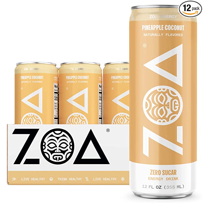 ZOA Zero Sugar Energy Drink, Pineapple Coconut, 12 Ounce (Pack of 12)