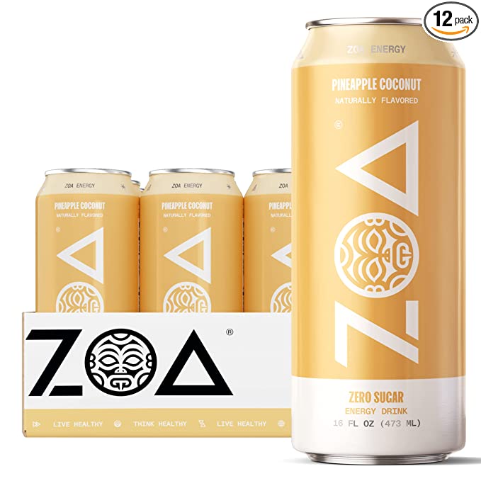 ZOA Zero Sugar Energy Drink, Pineapple Coconut, 16 Ounce (Pack of 12)