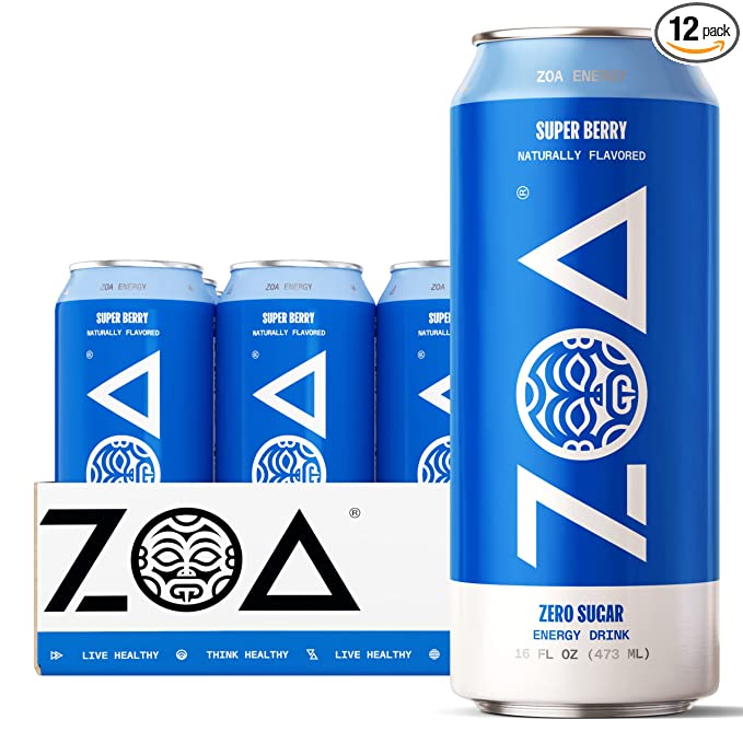ZOA Energy Drink, Super Berry
16 Fl Oz – Zero Sugar, Vitamins, Antioxidants, Electrolytes, Natural Caffeine – Gluten Free & Keto Friendly (Pack of 12)