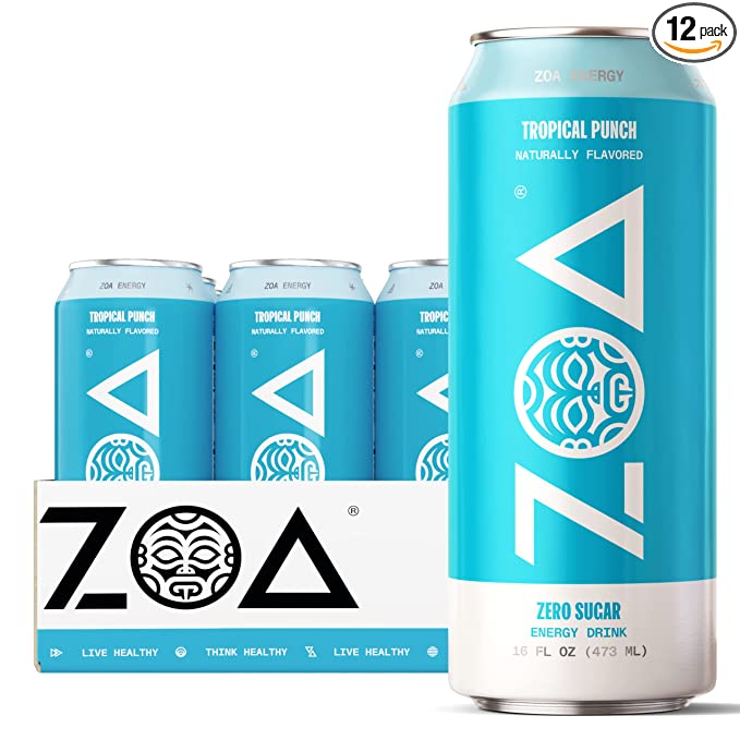 ZOA Zero Sugar Energy Drink, Tropical Punch, 16 Ounce (Pack of 12)