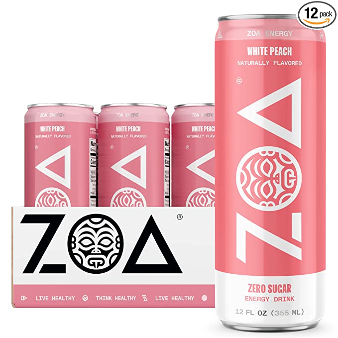 ZOA Zero Sugar Energy Drink, White Peach, 12 Ounce (Pack of 12)