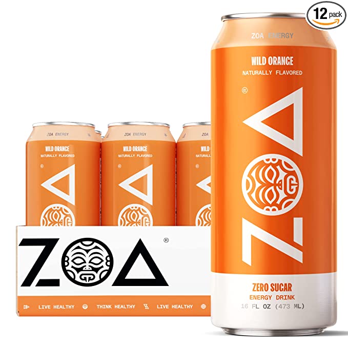 ZOA Zero Sugar Energy Drink, Wild Orange, 16 Ounce (Pack of 12)